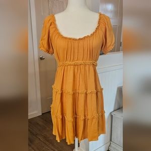 Hardly Worn - FOREVER 21 -  Gold Crepe Layered Flared Dress - Size L